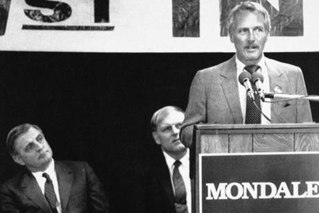 Actor Paul Newman spoke to a crowd of 350 as former Vice President Walter Mondale listens on Feb. 8, 1984 in Nashua, N.H. 
